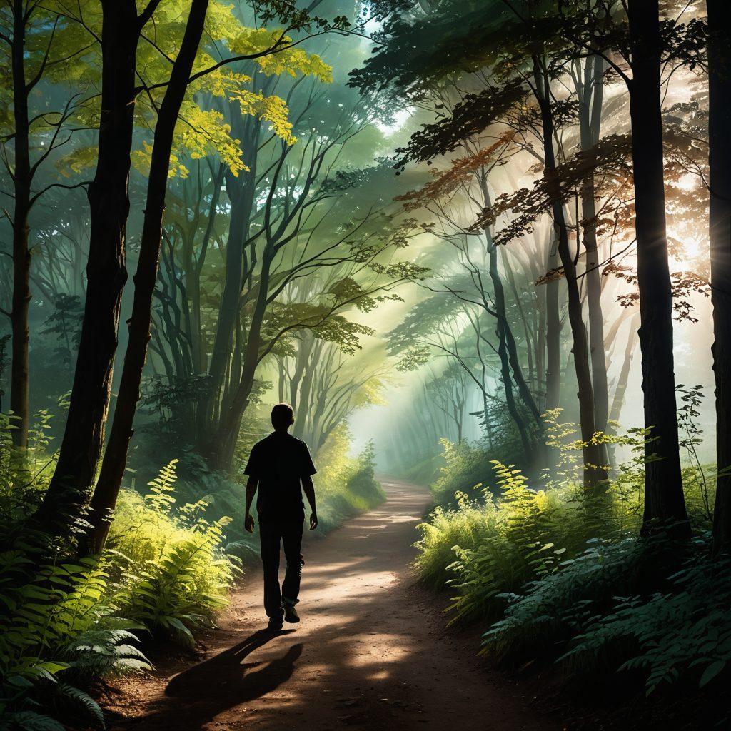 A serene landscape depicting a winding path through a lush forest, illuminated by soft beams of light breaking through the tree canopy, symbolizing hope. In the foreground, a silhouette of a person gently walking, with ethereal wisps of light leading the way, embodying the theme of guidance through grief. The colors are warm and inviting, blending pastels with natural greens and earthy browns. painterly style. vibrant colors. serene atmosphere.