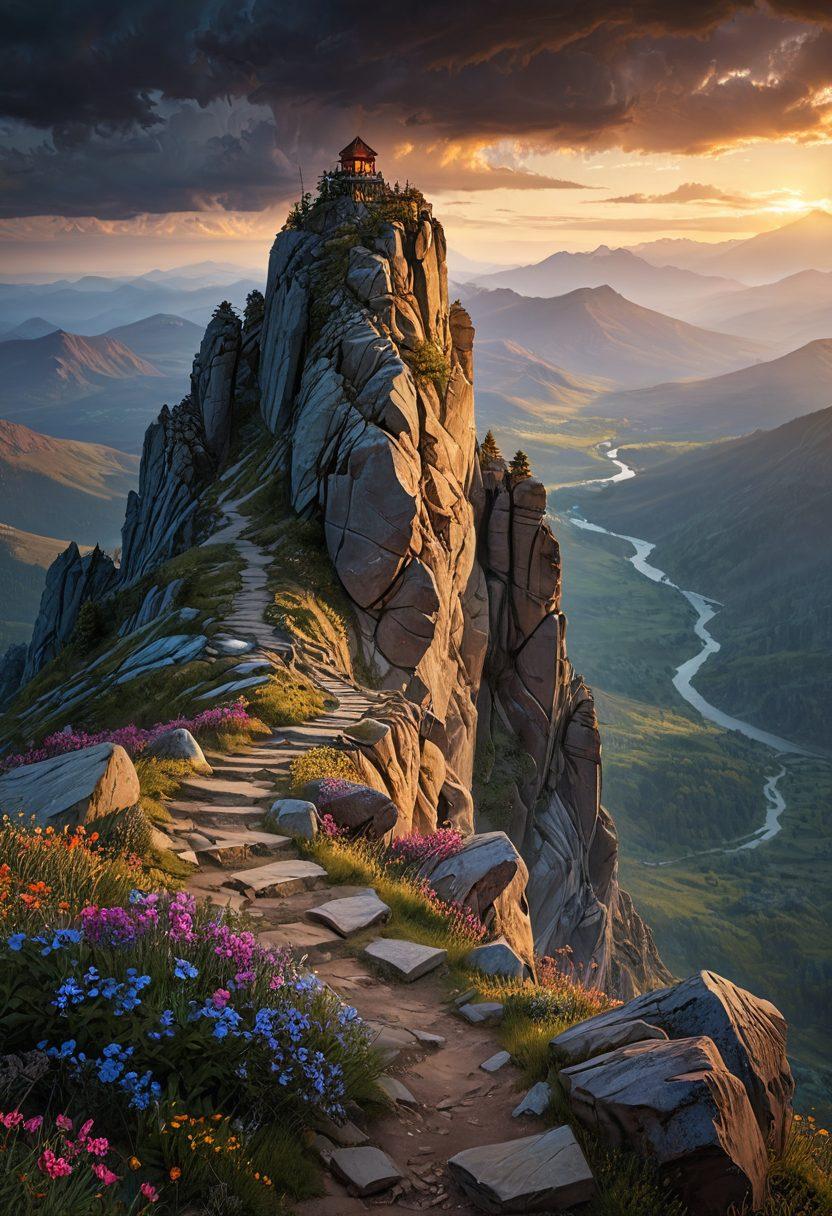 A powerful image depicting a lone sentinel standing atop a mountain, overlooking a vast landscape that transitions from dark stormy clouds to bright sunlight breaking through. The sentinel, clad in worn but dignified armor, holds a glowing staff symbolizing hope. Imagine a path winding down the mountain, symbolizing the journey from sorrow to strength, surrounded by blooming flowers and uplifting colors. super-realistic. vibrant colors. inspirational atmosphere.