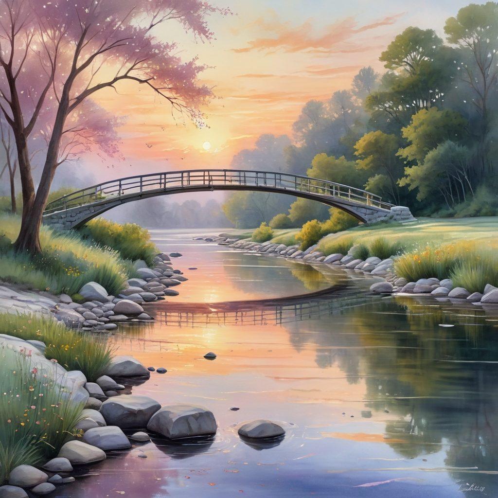 A serene landscape featuring a winding river symbolizing the journey through sadness, with a bridge representing connection and support. Soft, pastel colors reflect a calming atmosphere, while gentle, warm light breaks through the clouds, illuminating a figure practicing mindfulness on the riverbank. Add abstract patterns of hearts and supportive words subtly integrated into the scenery to inspire hope. watercolors. tranquil vibe. calming colors.